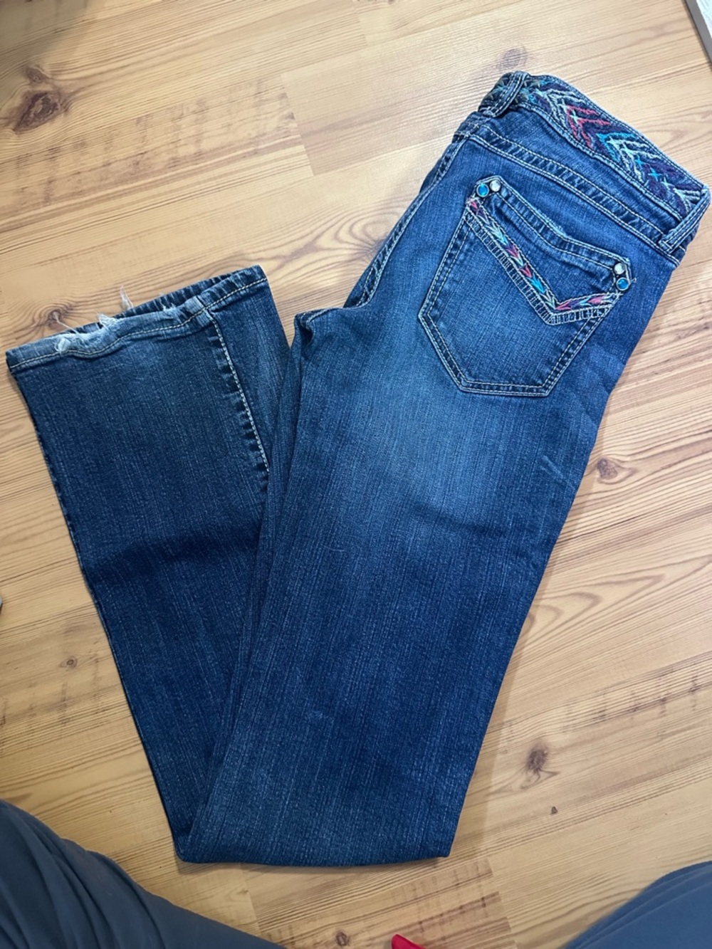 Embroidered Trim Dark Blue Bootcut Women's Jeans